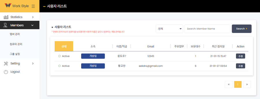 사용자 리스트와 컴퓨터 리스트 화면